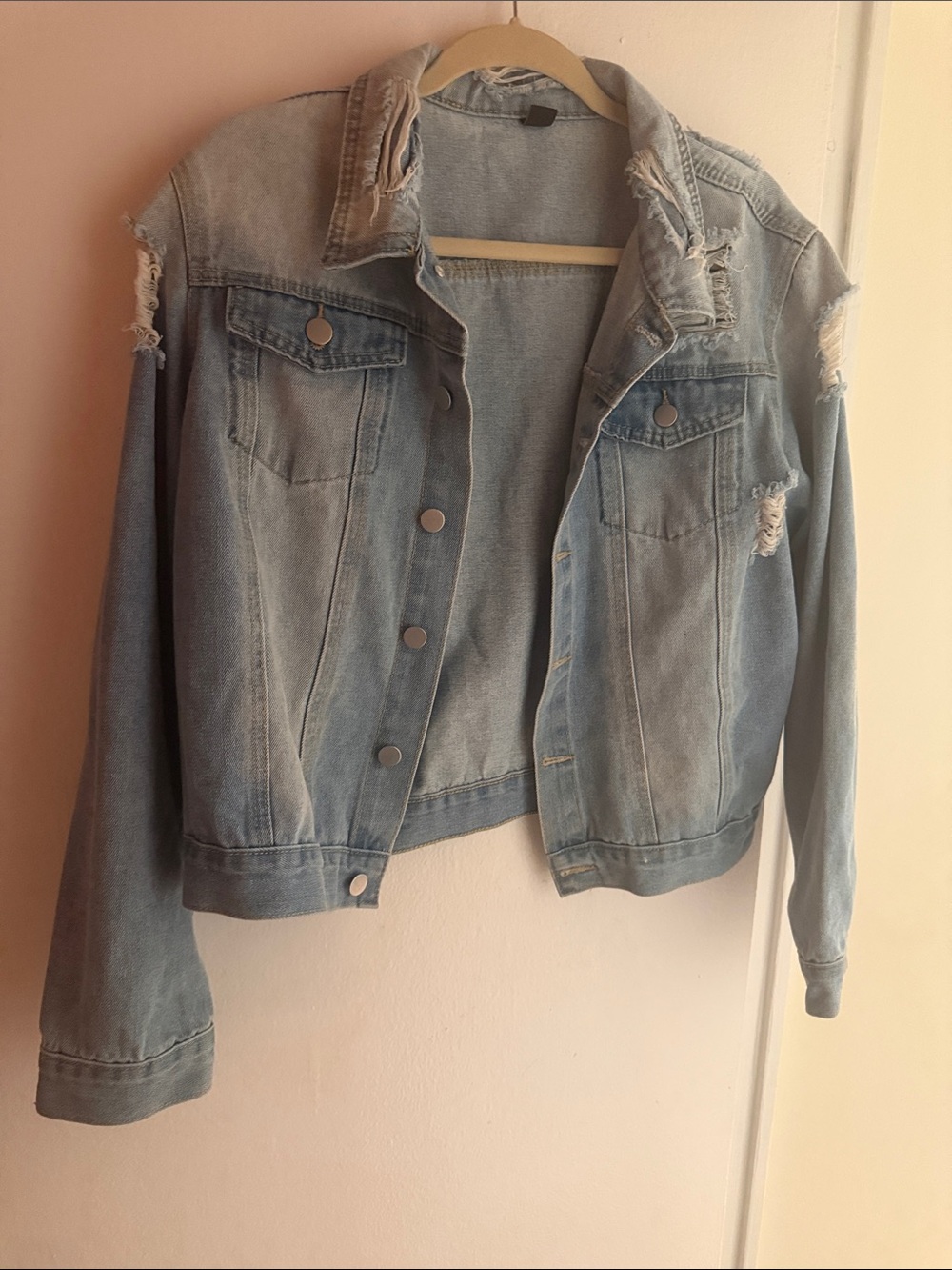 SHEIN Light Blue Distressed Denim Jacket for Women